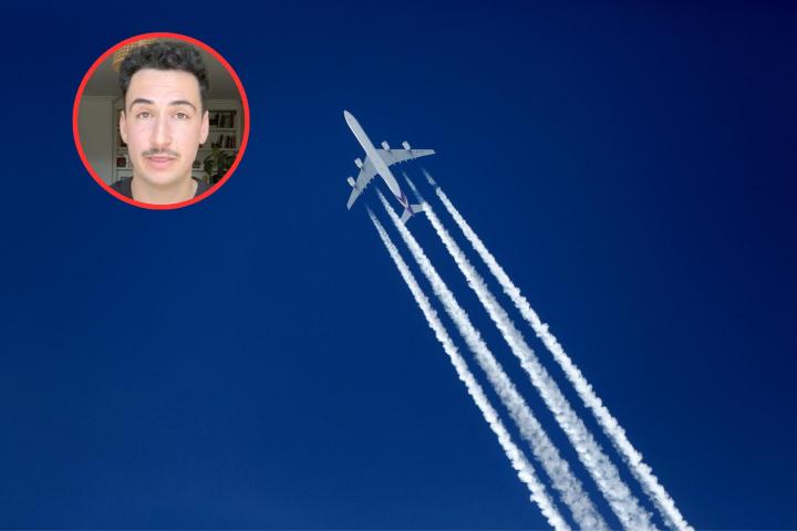 Fotomontaje con meteorólogo de Meteored y un avión.