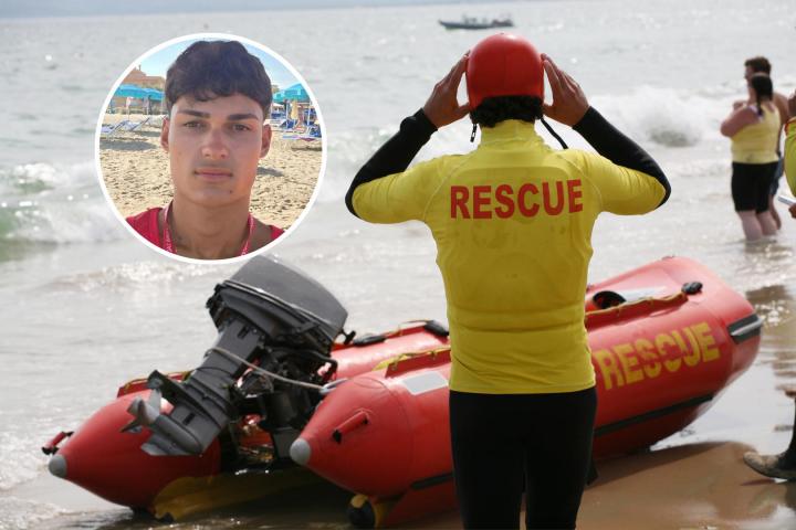 Denis Sguera y un socorrista preparándose para rescatar a alguien en el mar.
