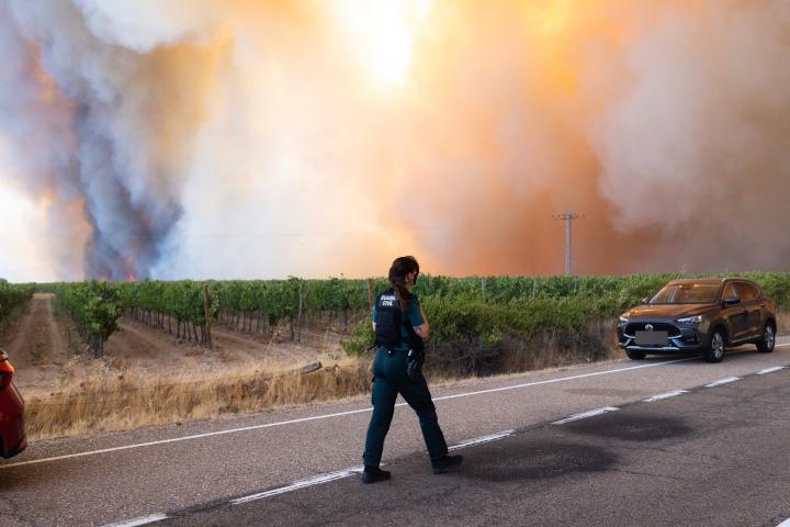 Una guardia civil camina a finales de julio cerca del incendio forestal de Fermoselle, en Zamora