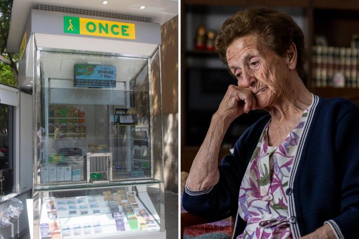 Un puesto de la ONCE y una mujer mayor triste