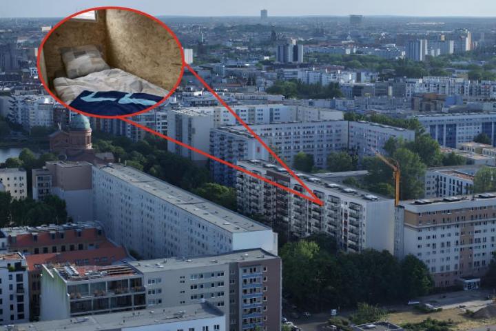 Una foto de archivo de una vista aérea de edificios en Berlín y otra de una habitación pequeña con apenas una cama