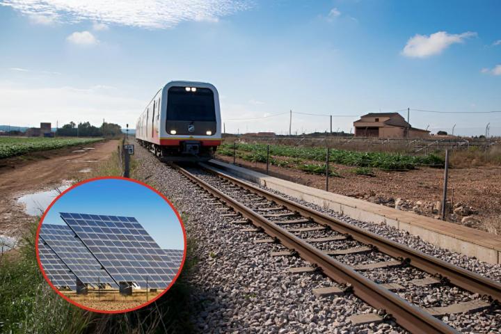 Una foto de archivo de unas líneas ferroviarias y otra de unas placas solares