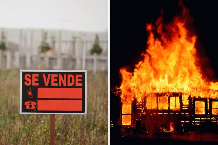 Una imagen de un cartel de "se vende" y un incendio