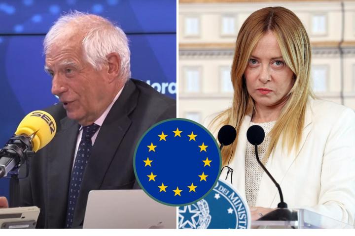 Combo de imágenes del ex Alto Representante para los Asuntos Exteriores de la UE Josep Borrell, y la primera ministra italiana, Giorgia Meloni.