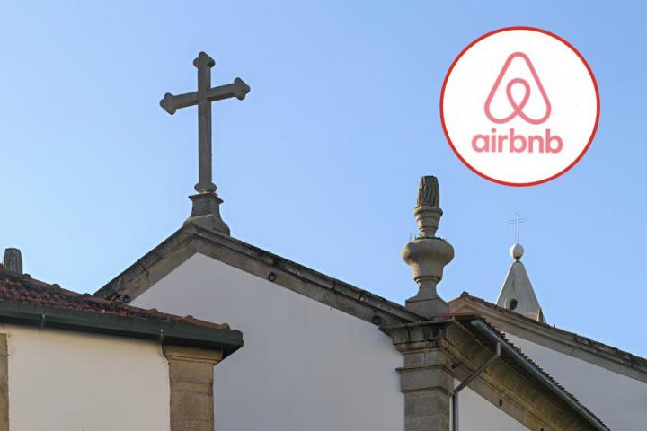 Una imagen de archivo de la cruz de una iglesia y otra superpuesta del logo de Airbnb