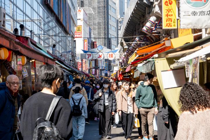 Mercado al aire libre en la zona de Ameya-Yokocho, en Tokio, Japón.