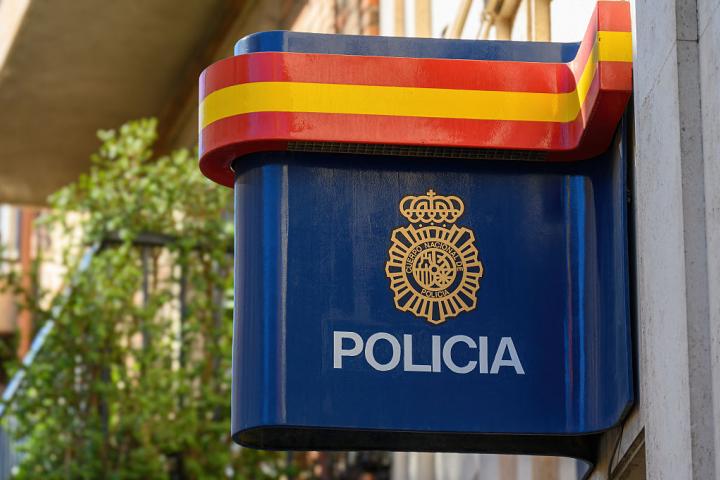 MURCIA, SPAIN - 2023/02/05: Wall sign featuring the colors and coat of arms of the National Police. (Photo by Roberto Machado Noa/LightRocket via Getty Images)