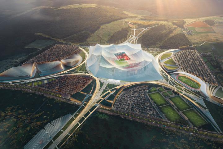 Imagen facilitada por Populous, se muestran representaciones digitales del propuesto estadio Hassan II en Marruecos, que se proyecta como el estadio de fútbol más grande del mundo