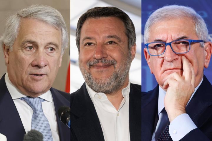 Antonio Tajani, ministro italiano de Exteriores; Matteo Salvini, viceprimer ministro y titular de Transportes, y Tommaso Foti, responsable de Asuntos Europeos, en imágenes de archivo.