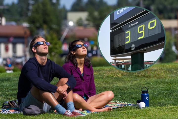 Pareja vendo un eclipse y un termómetro con temperatura cálida