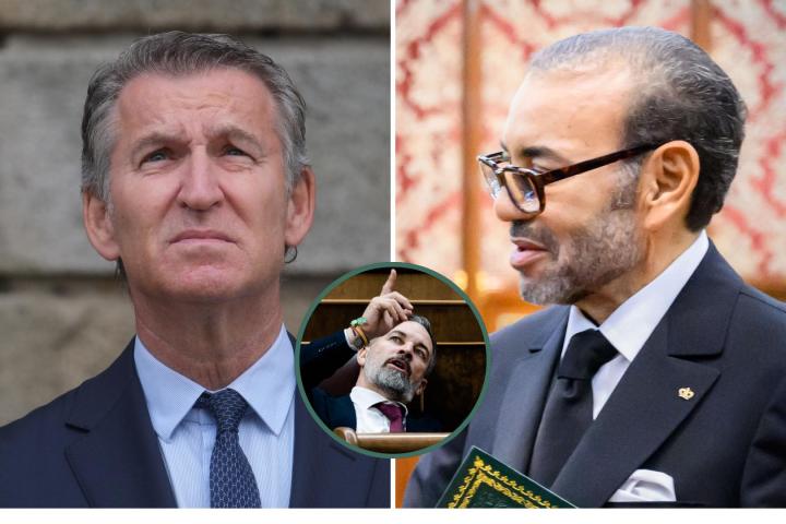 El líder del PP, Alberto Núñez Feijóo; el rey de Marruecos, Mohamed VI; y el líder de Vox, Santiago Abascal, en respectivas imagénes de archivo.