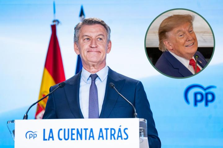 El presidente del PP y jefe de la oposición, Alberto Núñez Feijóo; con un detalle del presidente de EEUU, Donald Trump, en el círculo.