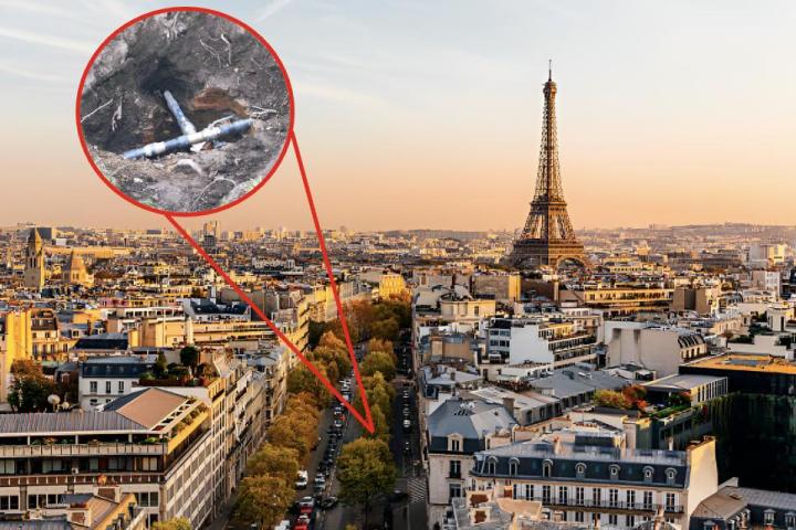 Una foto de archivo de una vista aérea de París y otra superpuesta de una tubería subterránea