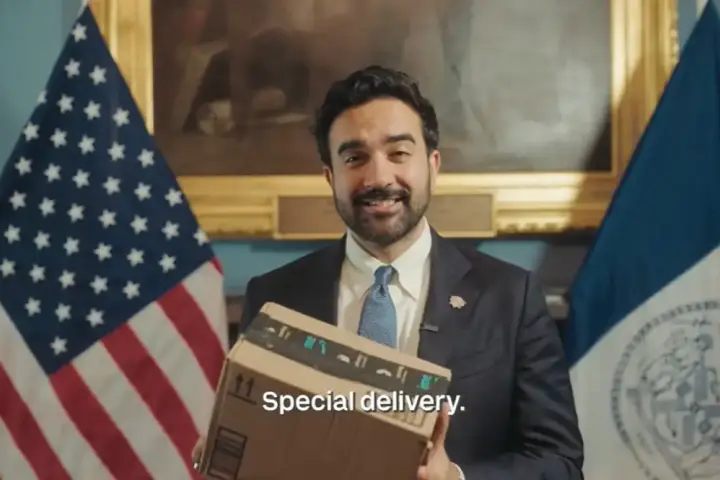 El alcalde de Nueva York (EEUU), Zohran Mamdani, con una caja de Amazon, en el vídeo en el que se adhiere a la Ley de Protección de Entregas, el 10 de agosto de 2026.