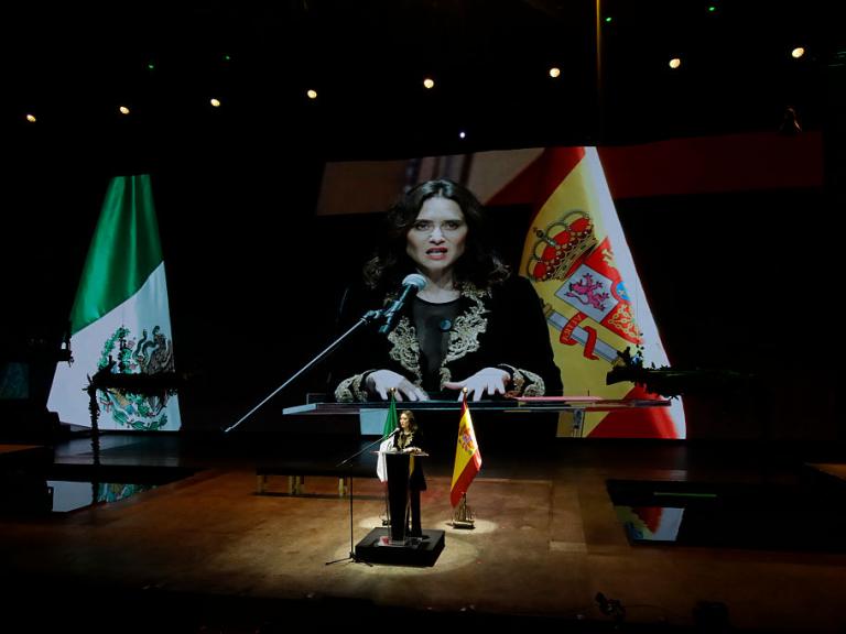 Isabel Diaz Ayuso, president of the Community of Madrid, attends the presentation of ''La Malinche,'' the musical, at the Fronton in Mexico City, Mexico, on May 4, 2026. The musical addresses the historical events involving the Spanish colonizer Hernan Cortes and the people of Great Tenochtitlan. (Photo by Gerardo Vieyra/NurPhoto via Getty Images)