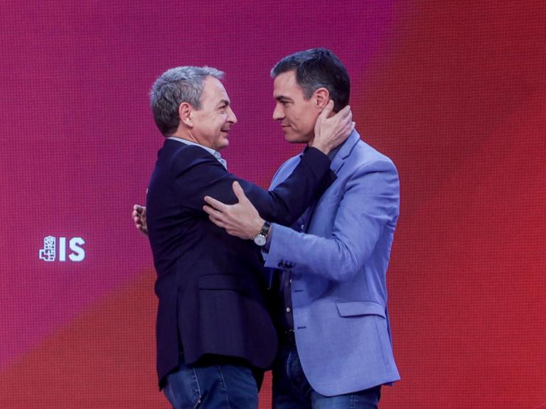 MADRID, SPAIN - NOVEMBER 27: Former Prime Minister Jose Luis Rodriguez Zapatero (left) embraces the new president of the Socialist International, Pedro Sanchez, during the last day of the XXVI Congress of the Socialist International (SI), at IFEMA Madrid, on 27 November, 2022 in Madrid, Spain. In this last session of the Congress of the SI, an international organization of social democratic, socialist and labor parties, takes place the proclamation of Sanchez as the first Spanish president of the Socialist International. The Secretary General of the Spanish Socialist Workers' Party (PSOE), and President of the Spanish Government, Pedro Sanchez, was already proclaimed in this position at the beginning of the Congress. He is the only candidate who ran to replace the Greek, Yorgos Papandreu, who had been in office since 2006.

 He is the only candidate who ran to replace the Greek, Yorgos Papandreu, who had been in office since 2006. (Photo By Ricardo Rubio/Europa Press via Getty Images)