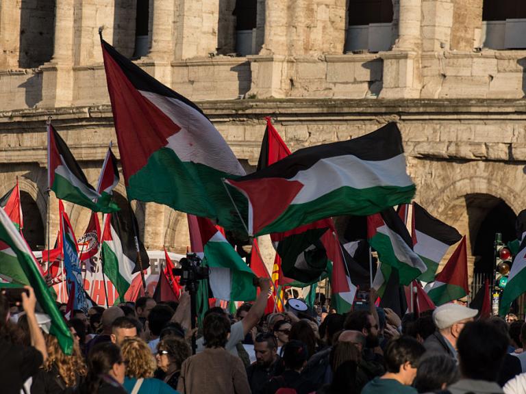 People participate in a demonstration 'For Palestine and against all war in support of the Flotilla' in Rome, Italy, on April 30, 2026. The flotilla is part of the 'Spring 2026 Mission,' an international effort to challenge the maritime blockade and deliver medical supplies to Palestinian boats in Gaza. Israeli forces conduct operations involving the Global Sumud Flotilla boats in international waters. (Photo by Andrea Ronchini/NurPhoto via Getty Images)
