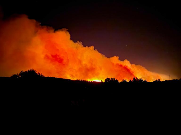 Las llamas arden en las lomas llegando a Gibraleón (Huelva), desde Villanueva de los Castillejos, en la noche del 8 al 9 de junio de 2026.