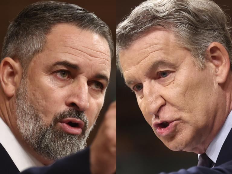 Santiago Abascal, líder de Vox, y Alberto Núñez Feijóo, presidente del PP, en sendas imágenes de archivo en el Congreso.