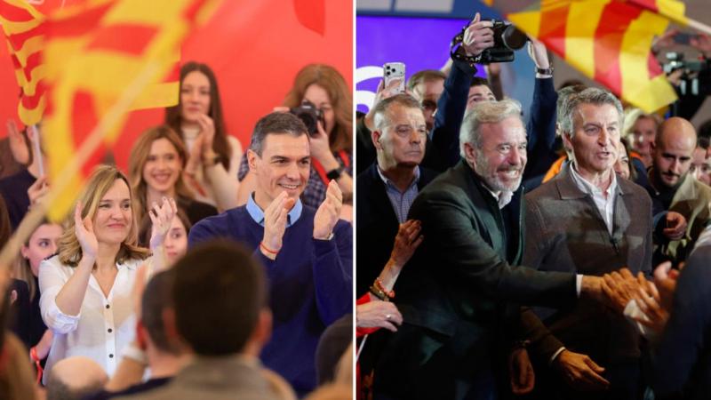 Los candidatos y los líderes nacionales de PSOE y PP, en los actos de cierre de campaña de Aragón este viernes