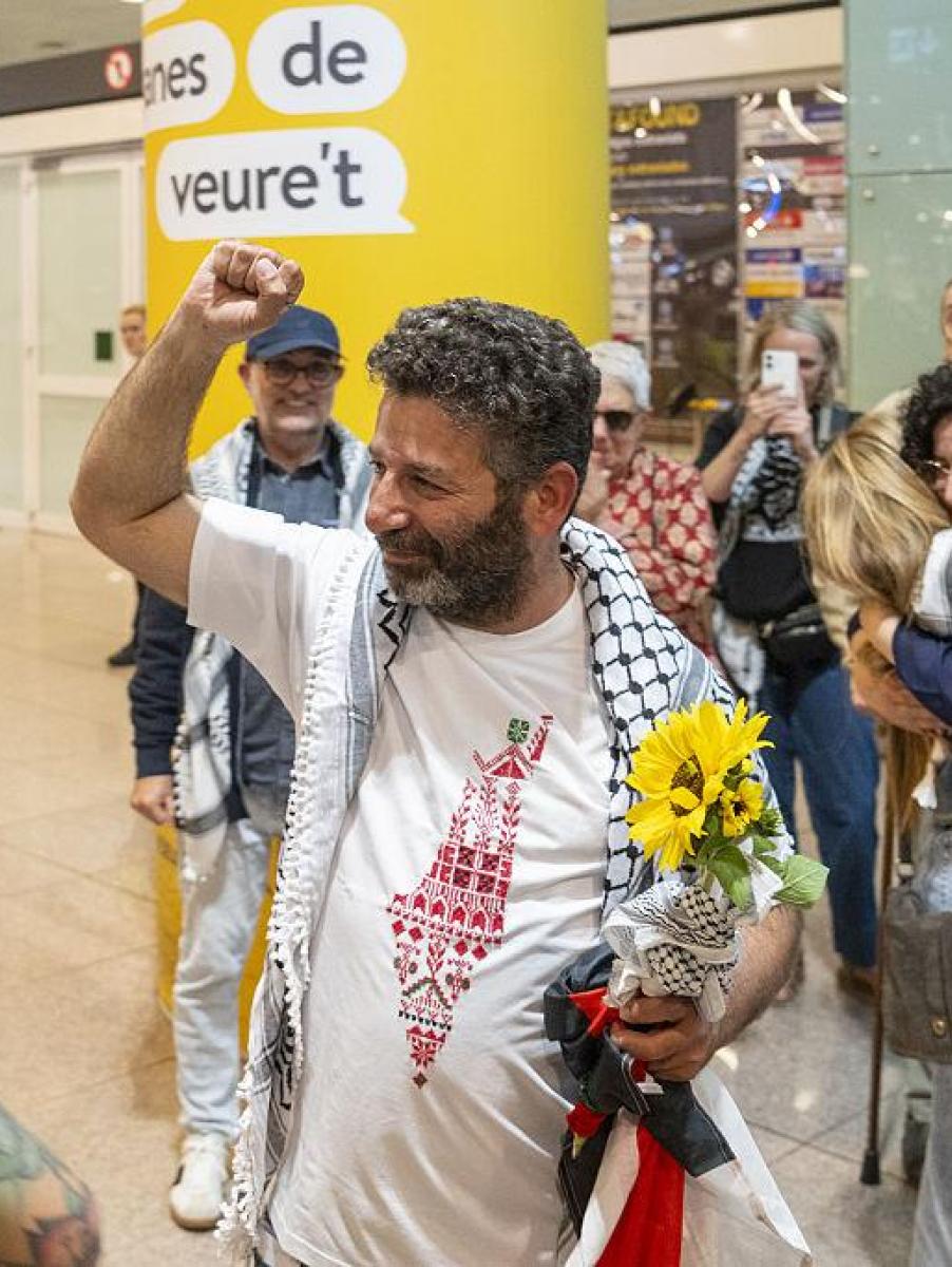 BARCELONA, SPAIN - MAY 10: Activist Saif Abukeshek returns to Barcelona-El Prat Airport after being released by Israel following his detention during the interception of the Global Sumud Flotilla in international waters, in Barcelona, Spain on May 10, 2026. Abukeshek, a Palestinian origin activist with Spanish and Swedish nationality, spent ten days in Shikma prison in Ashkelon after being detained on April 30 alongside Brazilian activist Thiago Avila. Abukeshek said he planned to travel to Turkiye in the coming days to rejoin other flotilla activists preparing further initiatives. (Photo by Lorena Sopena Lopez/Anadolu via Getty Images)