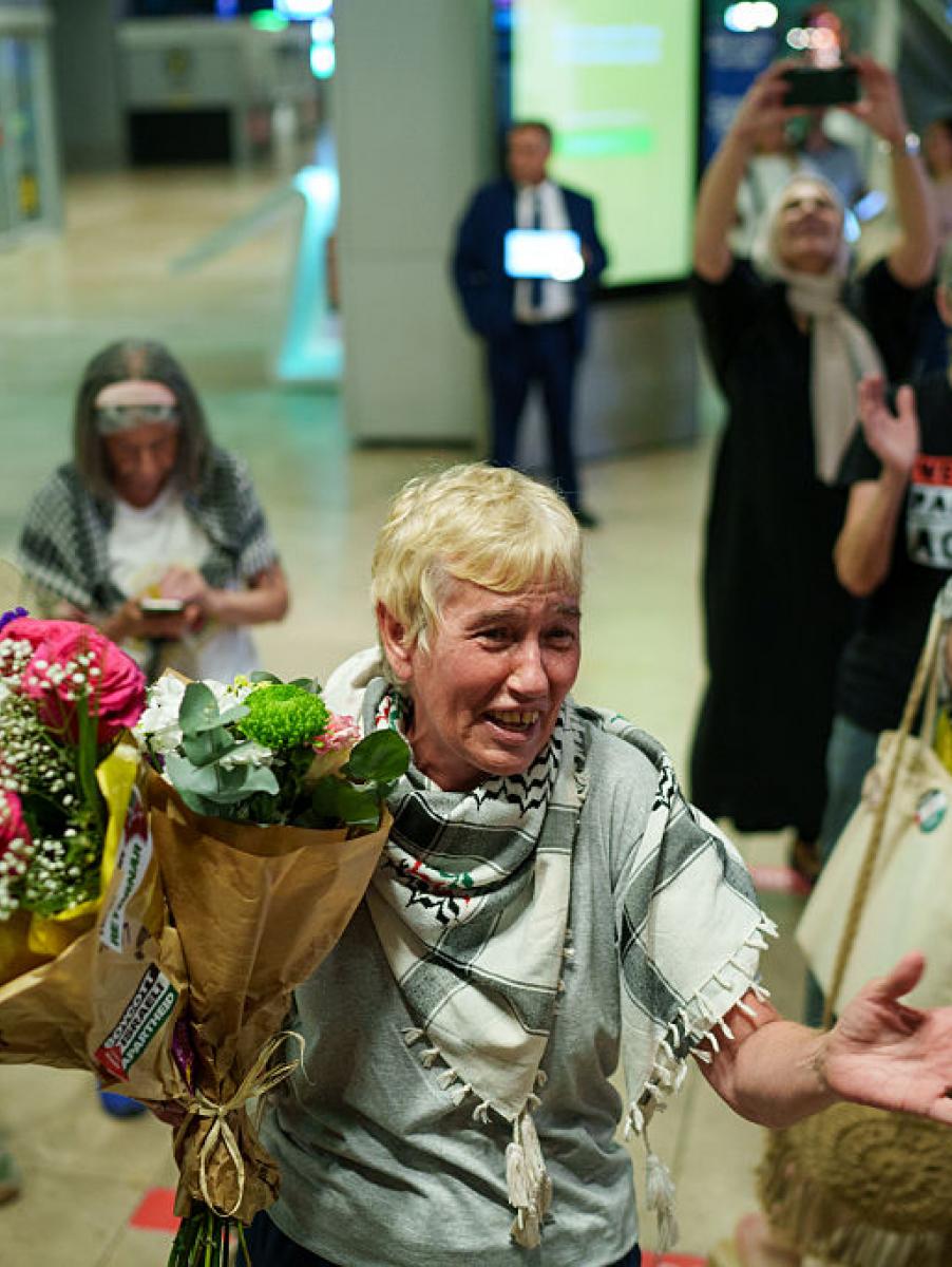 MADRID, SPAIN - JUNE 24: Activist Alicia Armesto on her arrival at Adolfo Suarez Madrid-Barajas Airport on 24 June 2026, in Madrid, Spain. Spanish journalist Alicia Armesto, a member of the Global Sumud Flotilla, has been released today after spending a month held captive by the militia of Libyan General Khalifa Haftar in eastern Libya. Along with her, nine other volunteers from the flotilla, of various nationalities, who had been held captive, have also been released. (Photo By Matias Chiofalo/Europa Press via Getty Images)