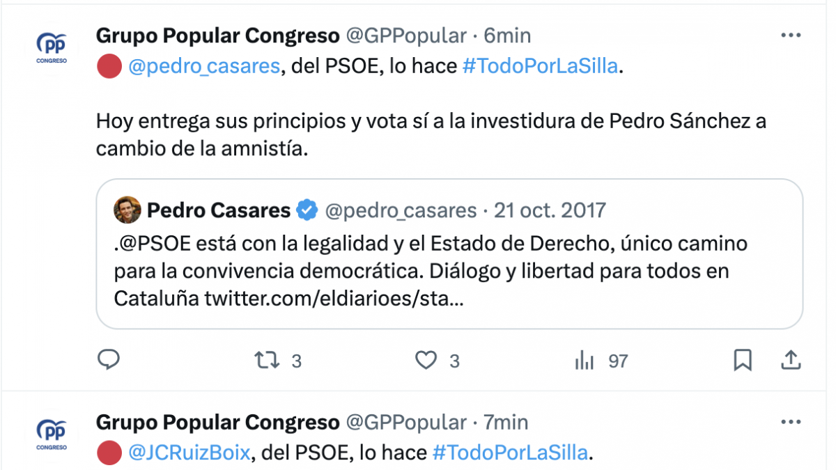 La cuenta de X del PP en el Congreso señala uno a uno a los diputados ...