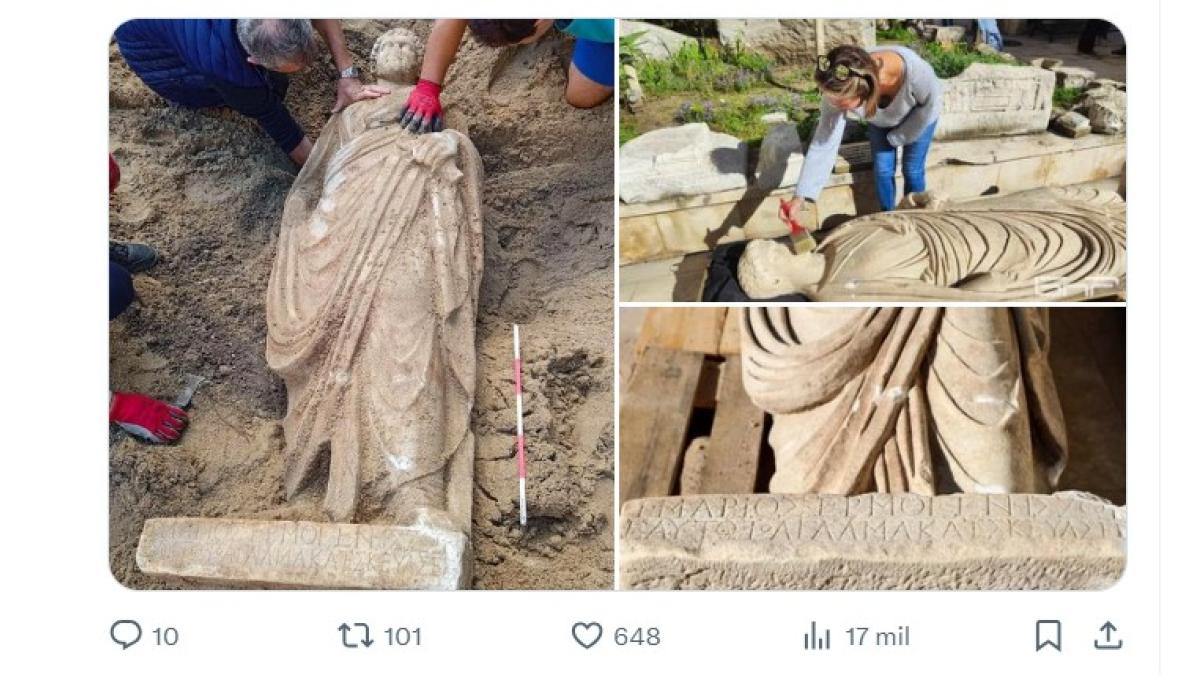 Una portentosa estatua romana emerge de una obra y una inscripción provoca la intervención inmediata de los arqueólogos
