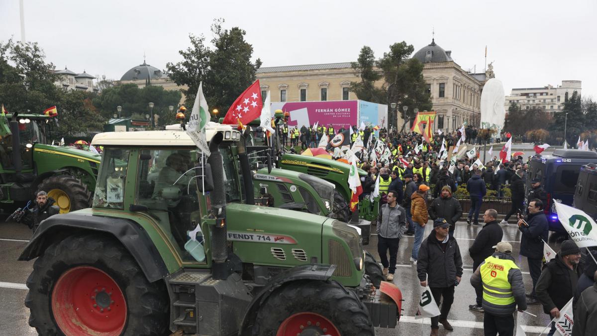 Una tractorada  fúnebre  de 2.500 agricultores clama en Madrid contra el pacto con Mercosur